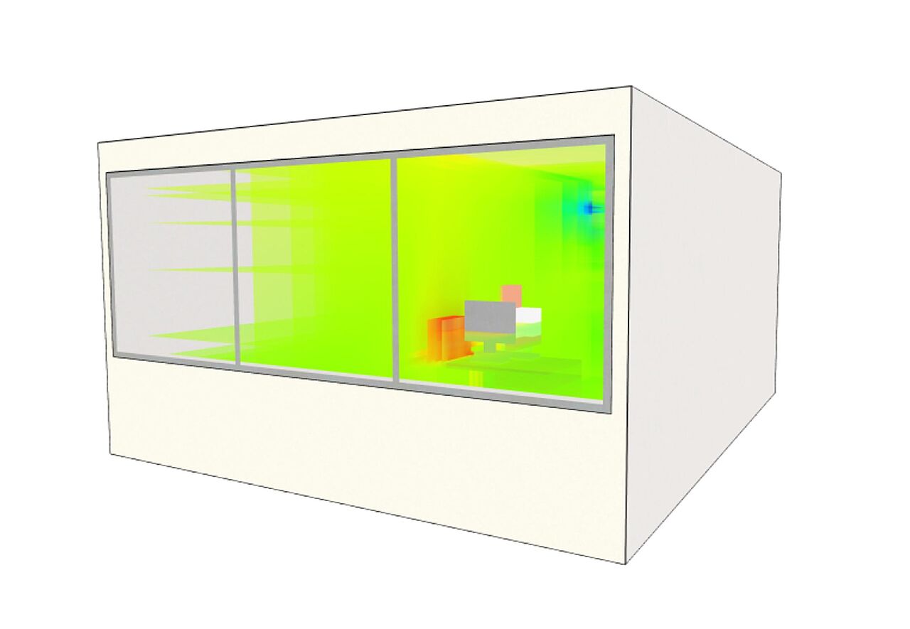 Thermische Gebäudesimulation: Darstellung des Innenraumklimas mittels verschiedener Farben.