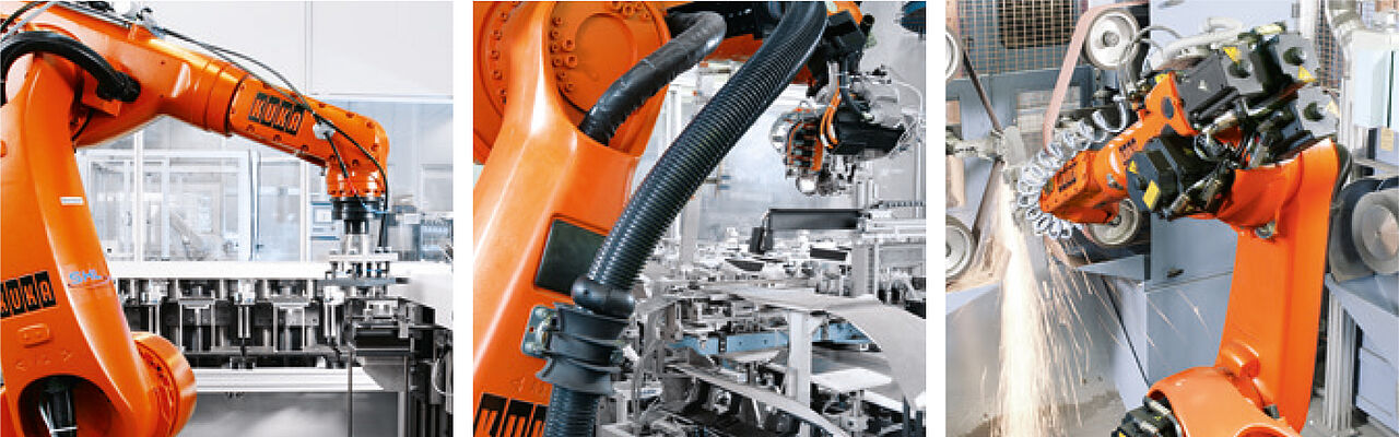 Das in drei Abschnitte geteilte Bild zeigt einen orangefarbenen Roboter in verschiedenen Perspektiven.
