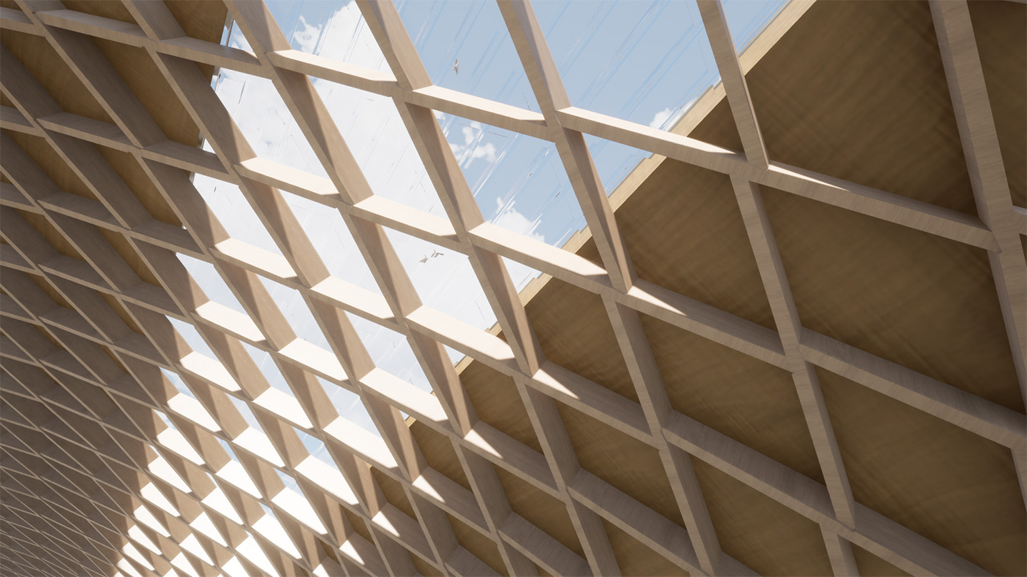 Holzstall Zu sehen ist ein Rendering einer Mehrzweckhalle aus Holz
